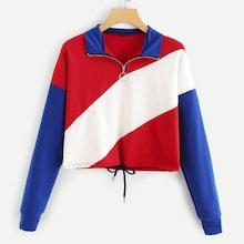 Romwe Colorblock Drawstring Hem Quarter Zip Sweatshirt