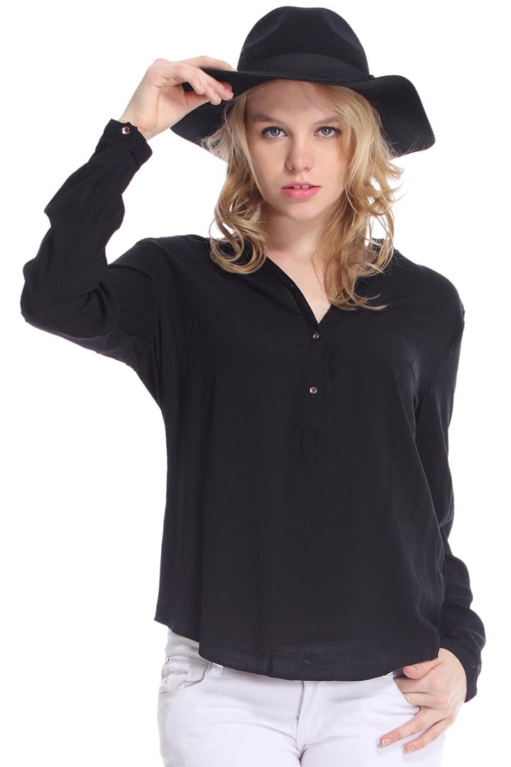 Romwe Romwe V-neck Asymmetric Buttoned Black Shirt