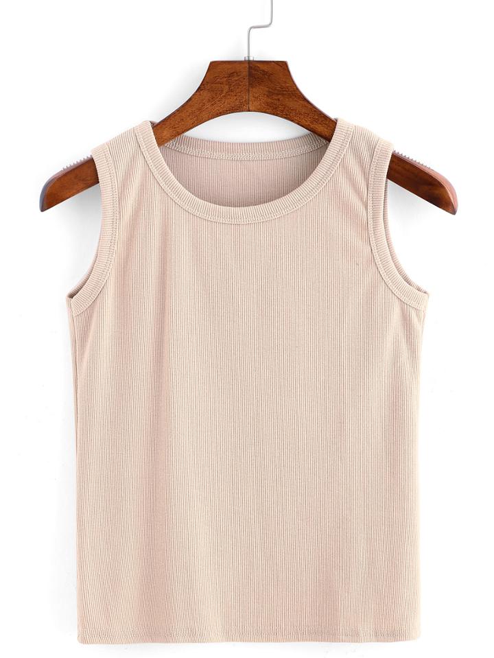 Romwe Ribbed Knit Crop Tank Top - Beige