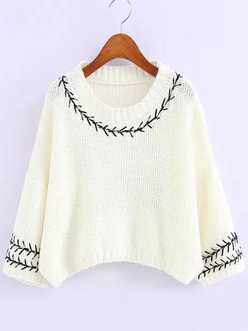 Romwe Bell Sleeve Slit Back Ribbon White Sweater