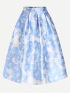 Romwe Blue Flower Print Box Pleated Midi Skirt