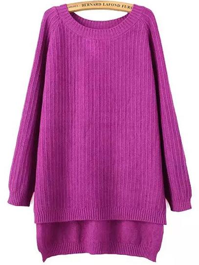 Romwe Raglan Sleeve Dip Hem Ribbed Slit Purple Jumper