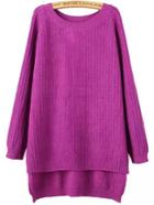 Romwe Raglan Sleeve Dip Hem Ribbed Slit Purple Jumper