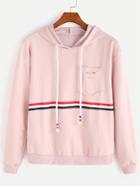 Romwe Pink Striped Trim Ripped Pocket Drawstring Hooded Sweatshirt