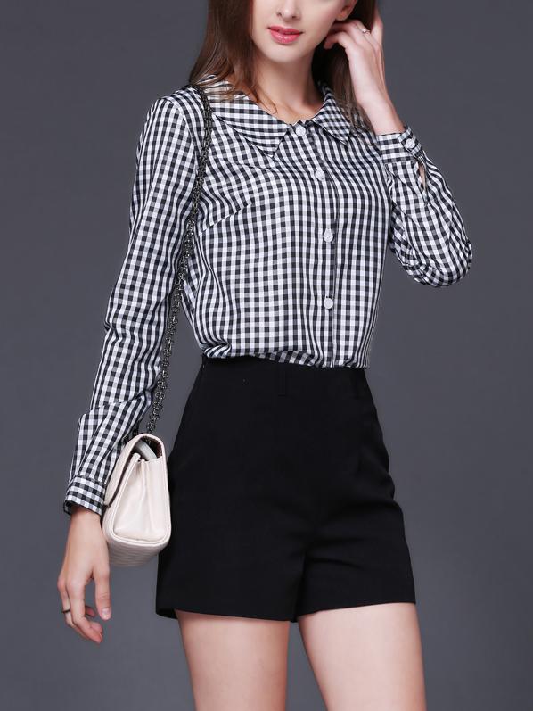 Romwe Black Plaid Pointed Flat Collar Blouse