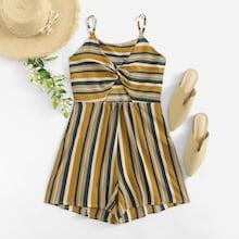 Romwe Striped Twist Front Cami Jumpsuit
