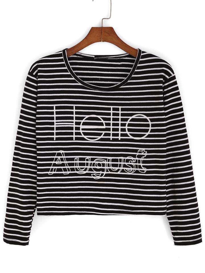 Romwe Striped Letter Print Black T-shirt