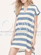 Romwe White Blue Short Sleeve V Neck Striped Dress