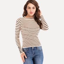 Romwe Button Detail Striped Slim Jumper