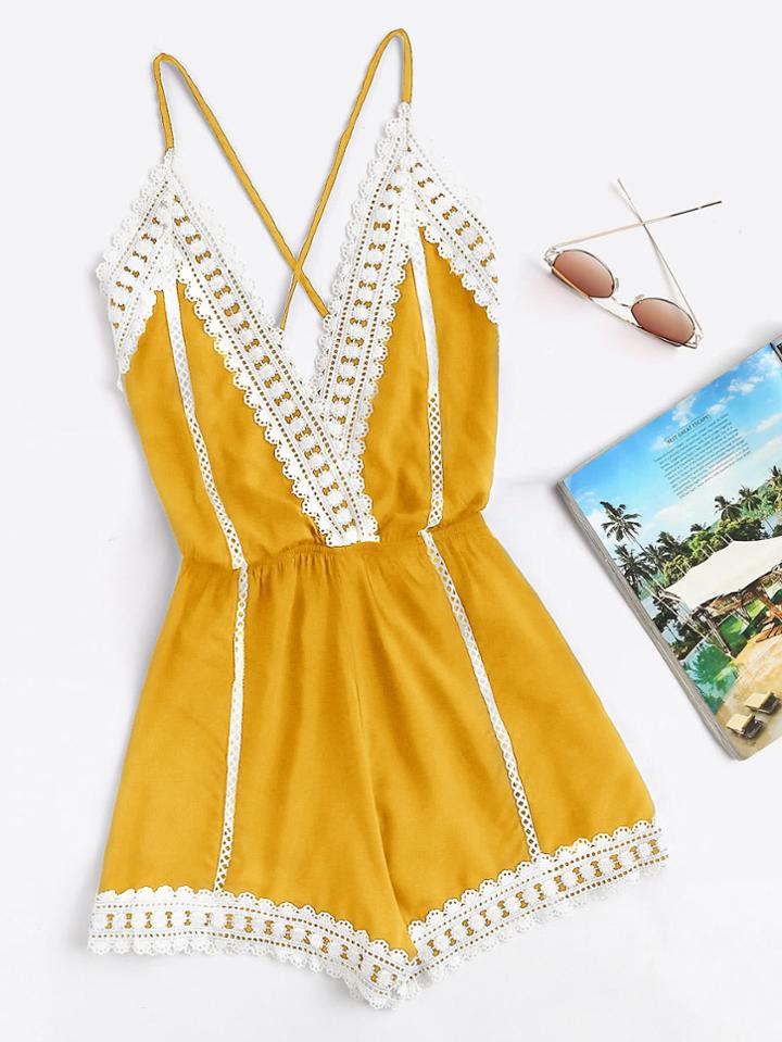 Romwe V Neckline Lace Trim Criss Cross Romper