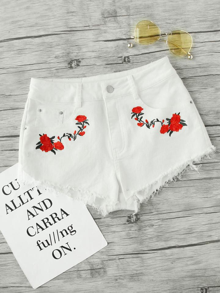 Romwe Rose Embroidered Raw Edge Shorts