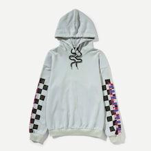 Romwe Guys Letter & Gingham Sleeve Hoodie Sweatshirt