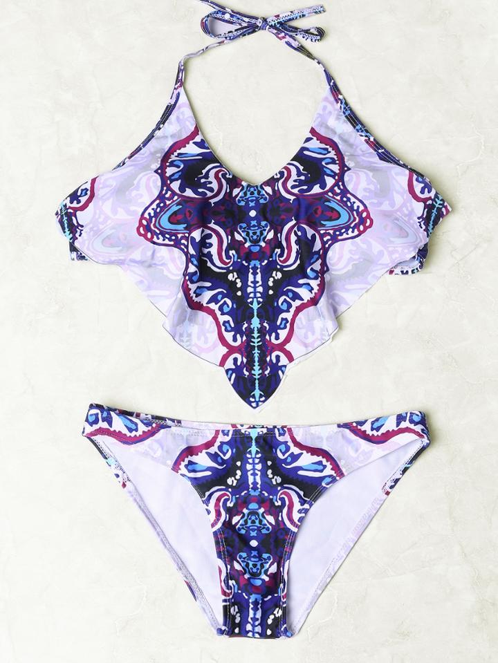 Romwe White Printed Halter Bikini Set