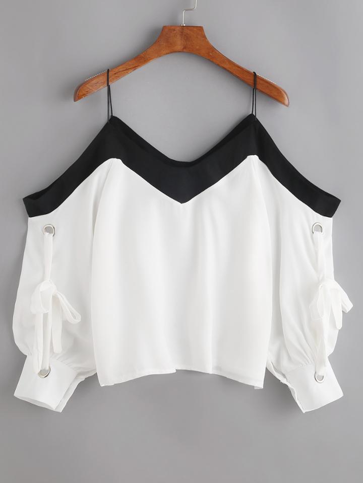 Romwe Contrast Cold Shoulder Lace-up Bishop Sleeve Blouse