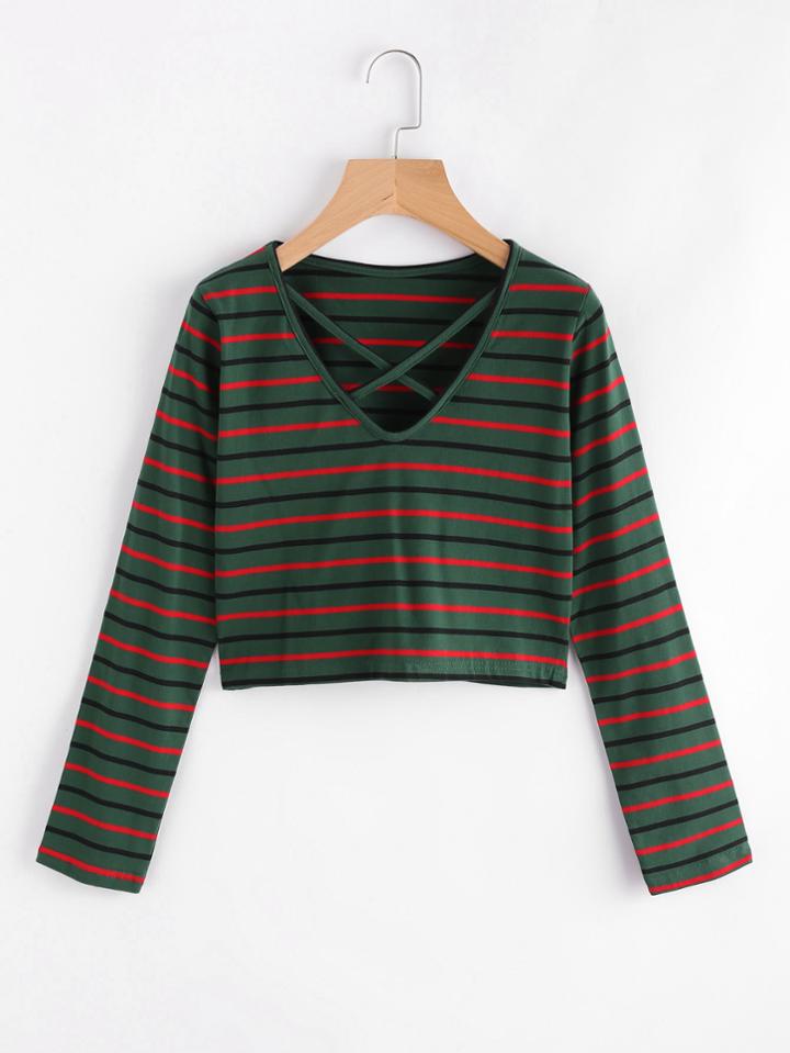 Romwe Criss Cross Striped Tee