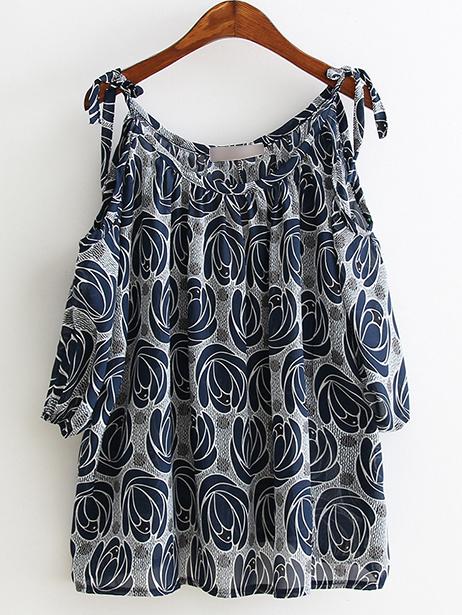 Romwe Navy Cold Shoulder Printed Chiffon Blouse