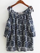 Romwe Navy Cold Shoulder Printed Chiffon Blouse