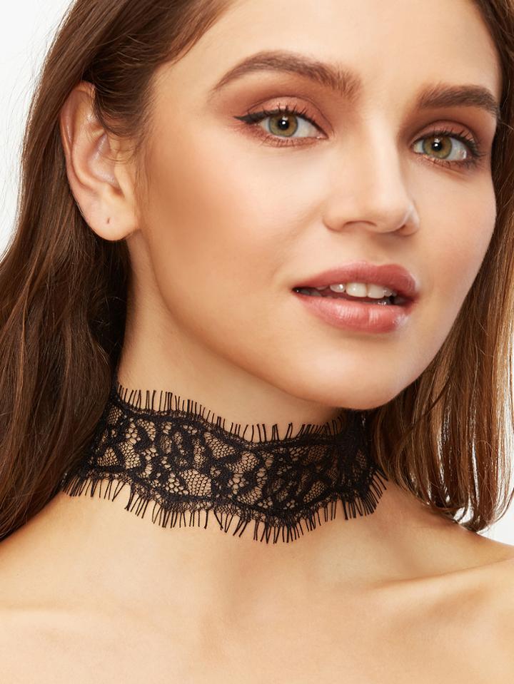 Romwe Black Lace Fringe Edge Wide Choker Necklace