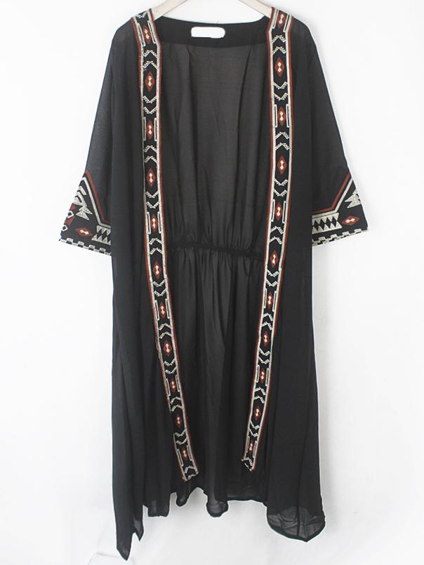 Romwe Black Embroidered Trim Open Front Chiffon Blouse