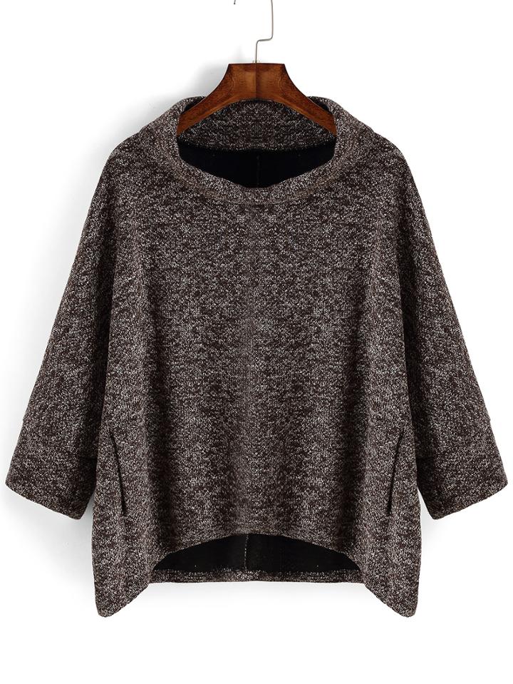 Romwe Batwing Sleeve Loose Dip Hem Coffee Sweater