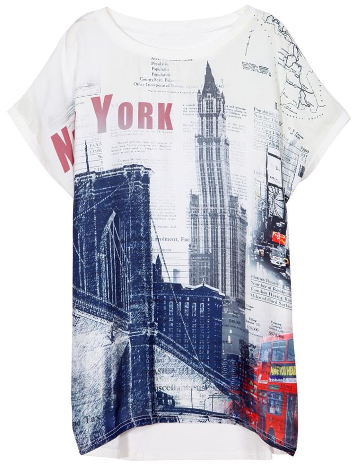 Romwe Dip Hem New York Print White T-shirt