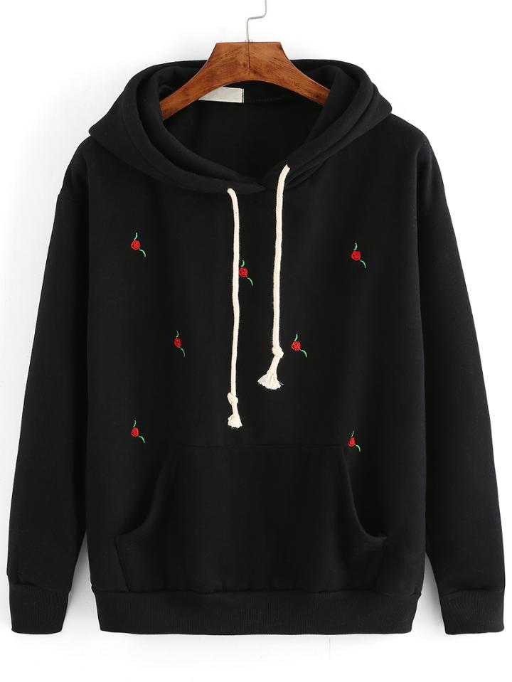 Romwe Hooded Flower Embroidered Drawstring Sweatshirt