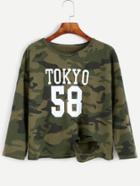 Romwe Camo Number Print Cut Out Dropped Shoulder T-shirt