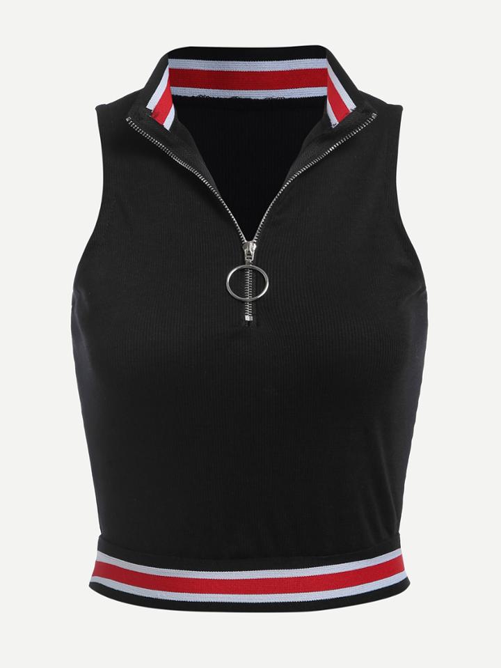 Romwe Striped Trim Zip Up Top