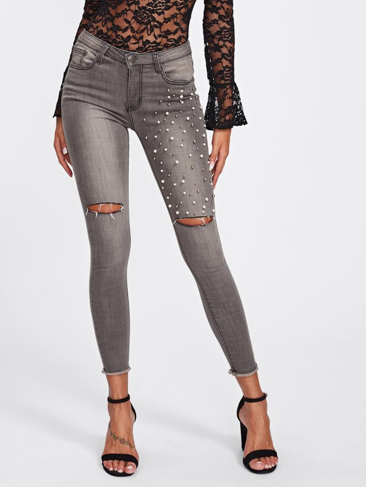 Romwe Faux Pearl Beaded Ripped Raw Hem Jeans
