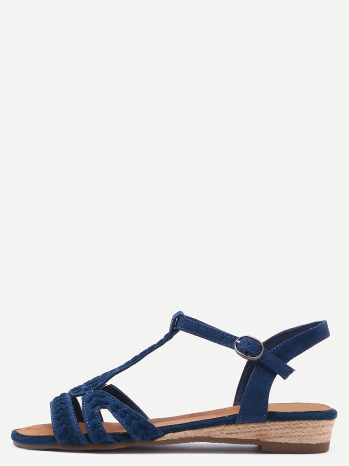Romwe Navy T Strap Flat Sandals