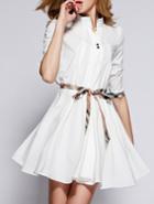 Romwe White Stand Collar Half Sleeve Drawstring Dress