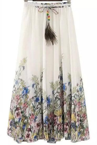 Romwe Drawstring Florals Pleated White Skirt