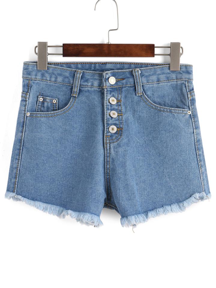 Romwe Frayed Single Breasted Denim Shorts