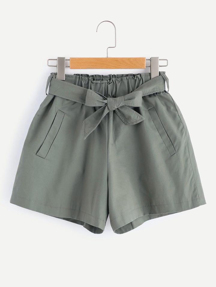 Romwe Shirred Waist Shorts With Belt