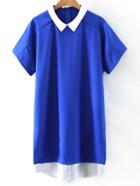 Romwe Blue Short Sleeve Zipper Back Contrast Collar Dress