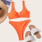 Romwe Neon Orange Ring Linked Top With High Cut Bikini