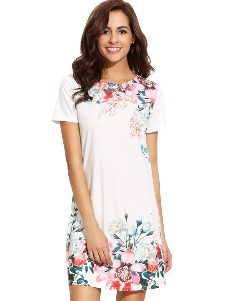 Romwe White Round Neck Floral Print Vintage Dress