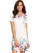 Romwe White Round Neck Floral Print Vintage Dress