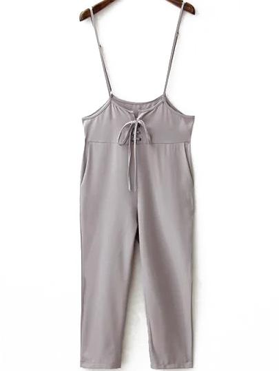 Romwe Spaghetti Strap Lace Up Chiffon Grey Jumpsuit