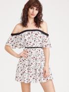 Romwe White Floral Print Off The Shoulder Ruffle Dress