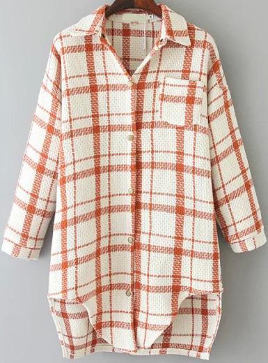 Romwe Orange Lapel Long Sleeve Plaid Dip Hem Blouse