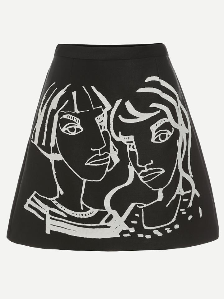 Romwe Black Portrait Print A Line Skirt