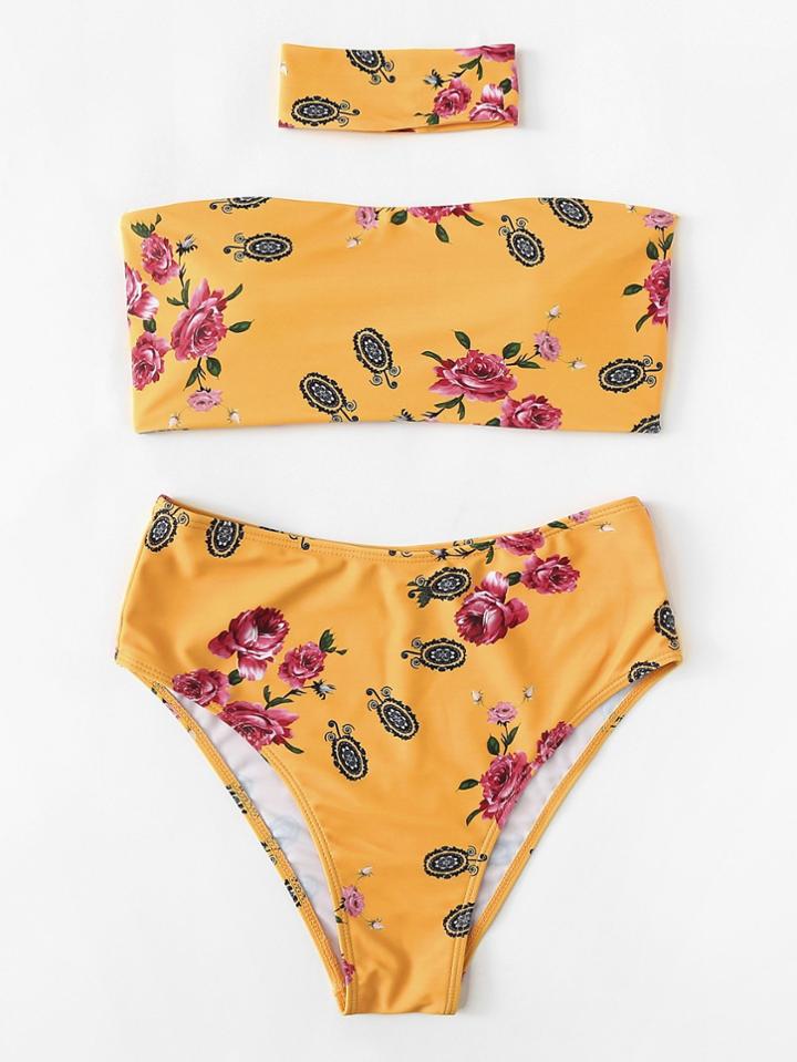 Romwe Flower Print Bikini Set With Choker