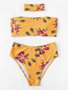 Romwe Flower Print Bikini Set With Choker