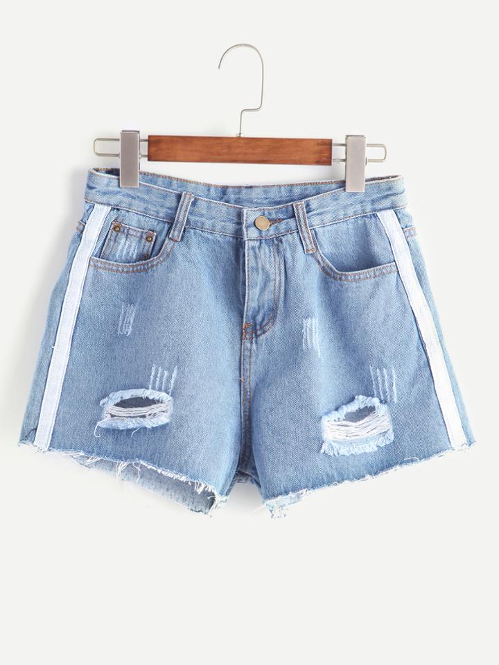 Romwe Blue Ripped Contrast Trim Raw Hem Denim Shorts