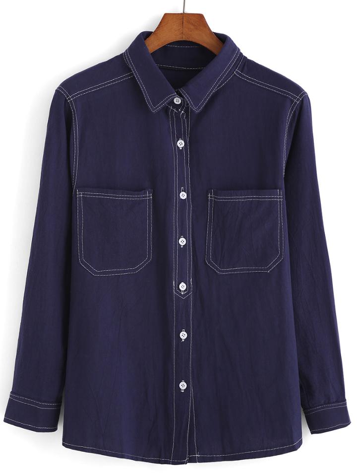 Romwe Lapel Button-down Pockets Blue Blouse