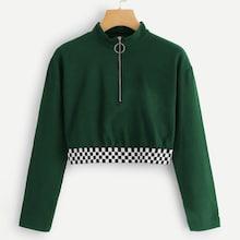 Romwe Gingham Panel Quarter Zipper Detail Tee