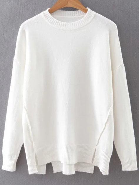 Romwe White Drop Shoulder Ribbed Hem Split Knitwear