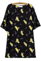 Romwe Banana Print Chiffon Long Black T-shirt