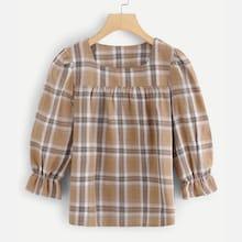 Romwe Plaid Flounce Sleeve Blouse